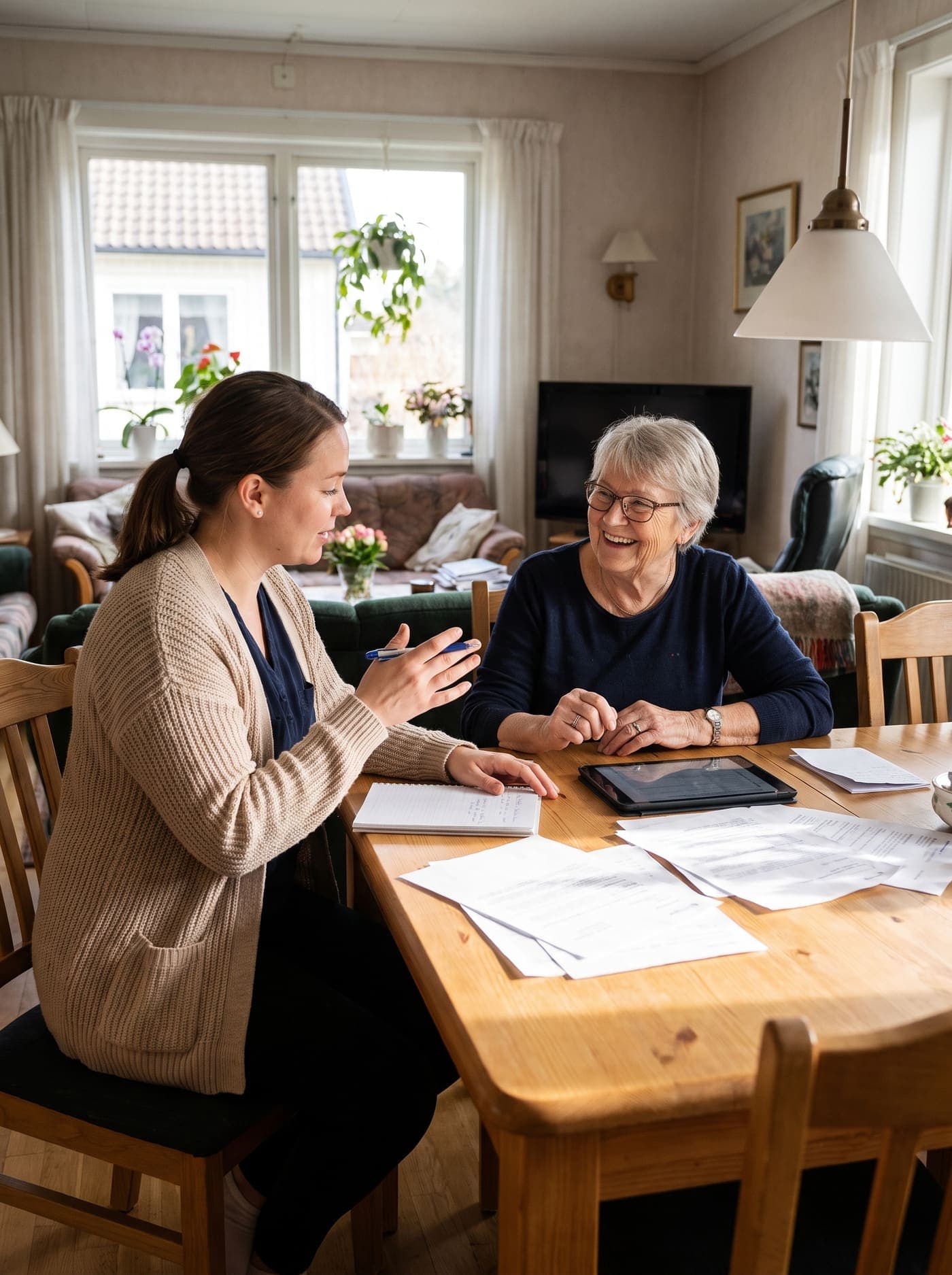 A caregiver and an older woman having a warm in-home assessment conversation