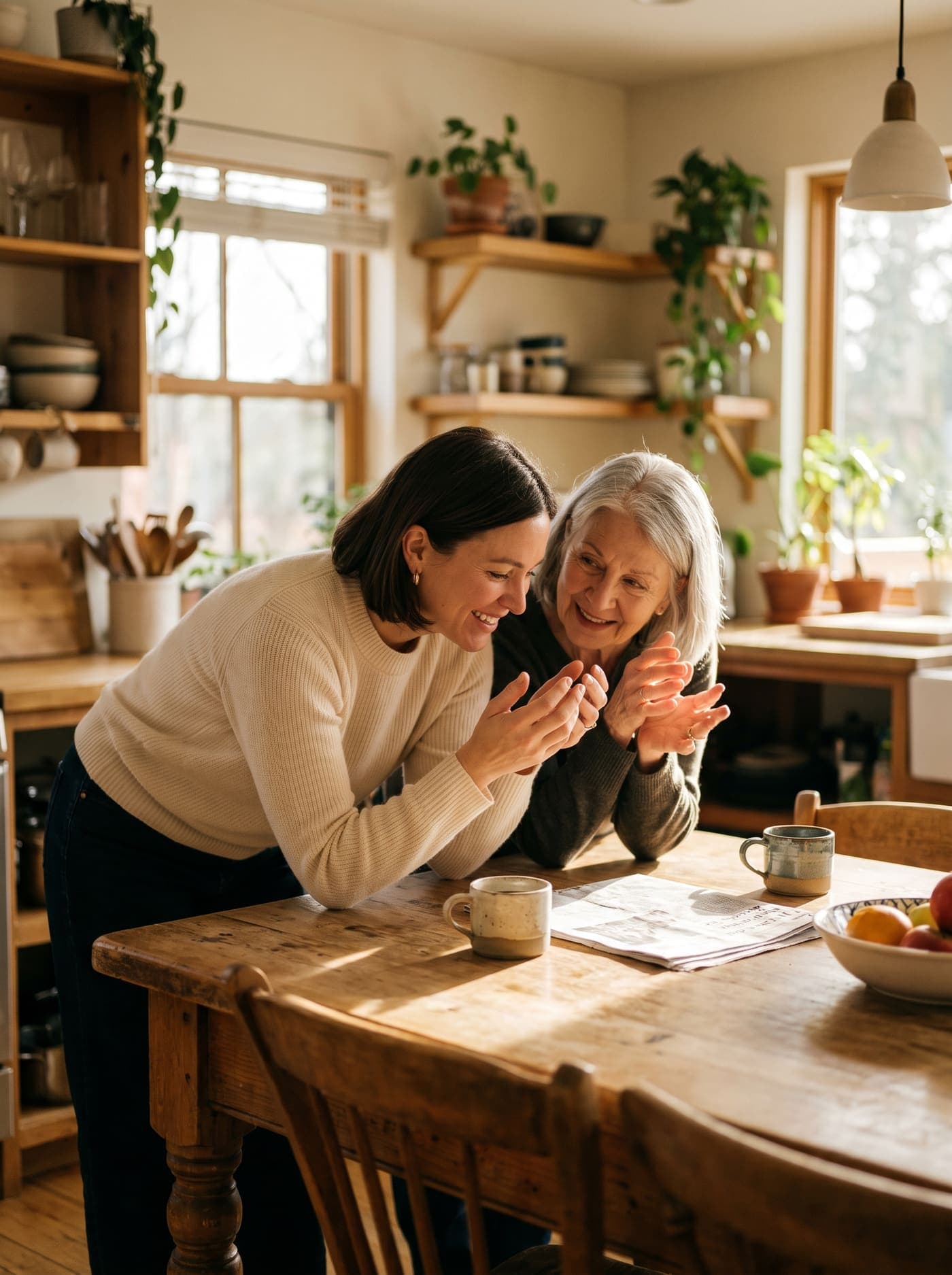 An adult daughter and her senior mother sharing a warm conversation at home