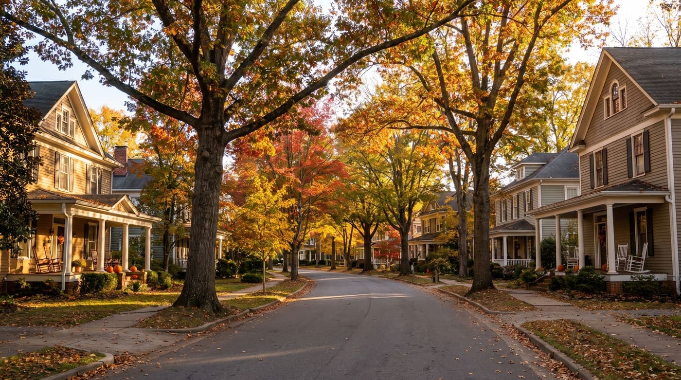 A tree-lined residential neighborhood street in the Charlotte metro area