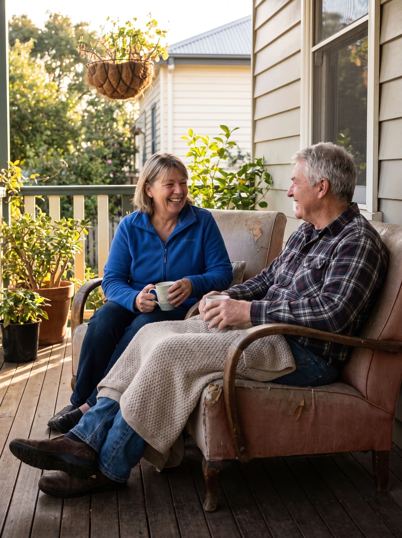 A caregiver sharing a warm conversation with an older client at home